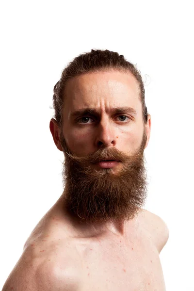 Retrato Hipster Legal Com Barba Longa Sobre Fundo Branco Foto — Fotografia de Stock
