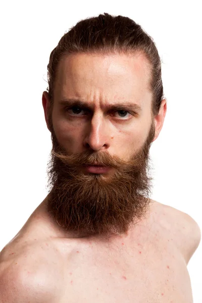 Portrait Cool Hipster Long Beard White Background Studio Photo — Stock Photo, Image