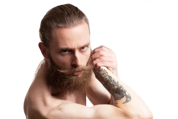Hipster Long Beard White Background Studio Photo — Stock Photo, Image