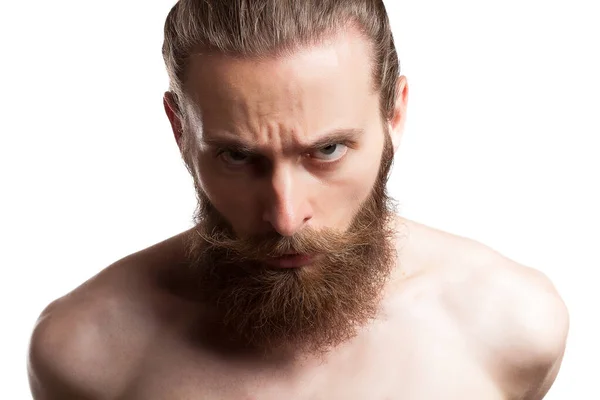 Homem Legal Com Barba Longa Foto Estúdio Sobre Fundo Branco — Fotografia de Stock
