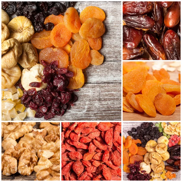 Collage Different Type Dry Fruits Nuts Healthy Type Lifestyle — Stock Photo, Image