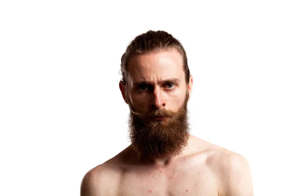 Hipster Dengan Jenggot Panjang Atas Latar Belakang Putih Foto Studio — Stok Foto