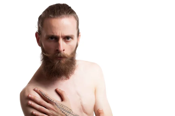 Cool Bearded Tattooed Hipster White Background Studio Photo — Stock Photo, Image
