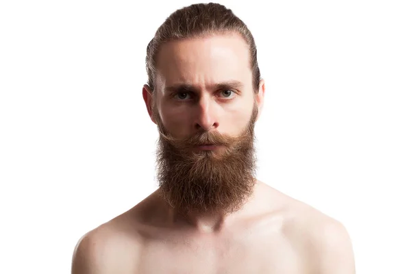 Холодный Бородатый Татуированный Хипстер Белом Фоне Студийном Фото — стоковое фото