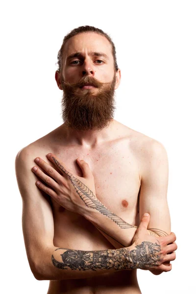 Hipster Com Barba Longa Sobre Fundo Branco Foto Estúdio — Fotografia de Stock