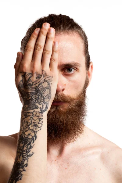 Cool Hipster Long Beard Tattooes White Background Studio Photo — Stock Photo, Image