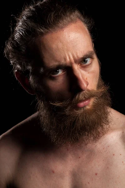 Portrait Tattooed Bearded Hipster Black Background Studio Photo Expression Fashion — Stock Photo, Image