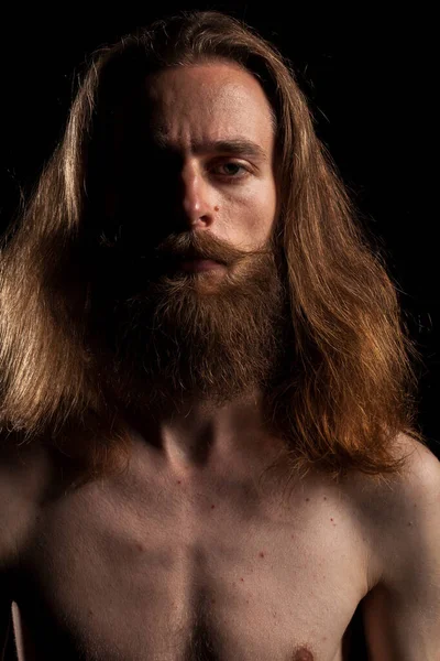 Hipster Long Hair Beard Black Backgroundin Studio Photo Expression Fashion — Stock Photo, Image