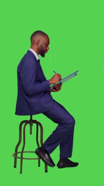 Vertical Video Profile African American Man Thinking Business Notes Papers — Stock Video