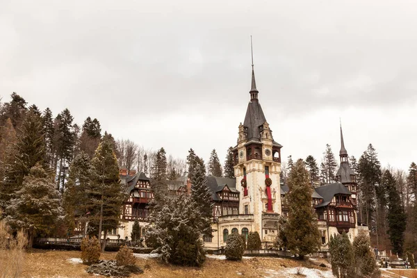 Prachtig Uitzicht Van Peles Kasteel Sinaia Winter Roemenië Middeleeuwse Kasteel — Stockfoto