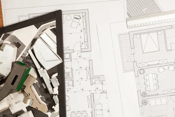 Planos Planos Sobre Mesa Arquitecto Construcción Arquitectura Proyecto Diseño —  Fotos de Stock
