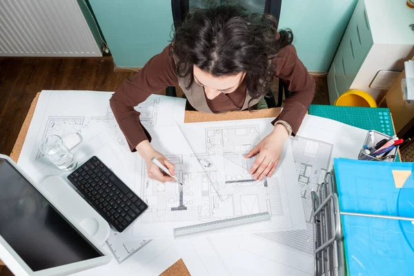 Top View Architect Working Her Desk Blueprints Front Her Working — Stock Photo, Image