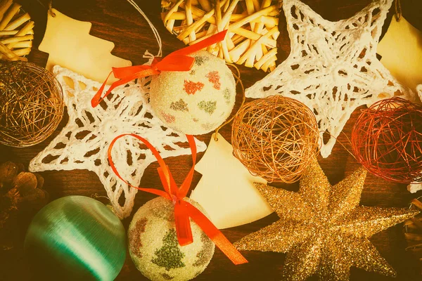 Diferentes Tipos Decorações Natal Tonificação Vintage Enfeites Natal — Fotografia de Stock