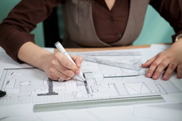 Architect Working Blueprints Her Desk Working New Projects Architecture Design Stock Picture