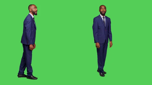 Afro Amerikai Üzletember Azt Mondta Meglepett Sokkolta Reakcióját Stúdióban Zöld — Stock Fotó