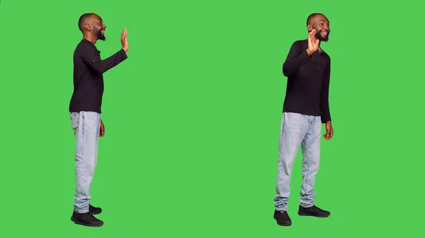 African American Guy Waving People Studio Saying Hello Goodbye Camera — Stock Photo, Image