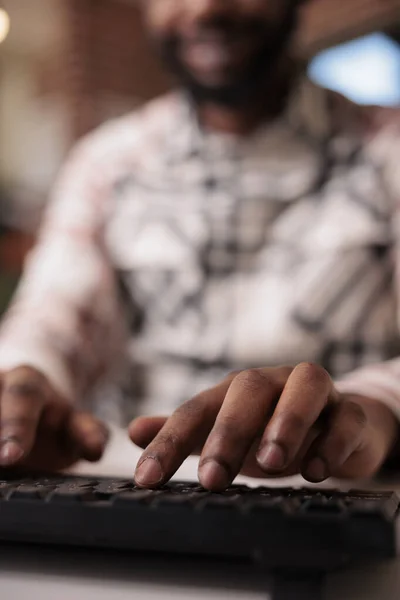 Closeup African American Coder Writing Software Using Computer Keyboard While — Stock Photo, Image