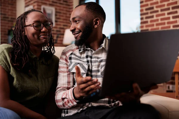 African American Couple Couch Having Fun Watching Funny Content Laptop — Stock Photo, Image