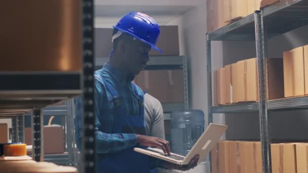 Afro Amerikaanse Werknemer Tellen Van Producten Planken Het Controleren Van — Stockvideo