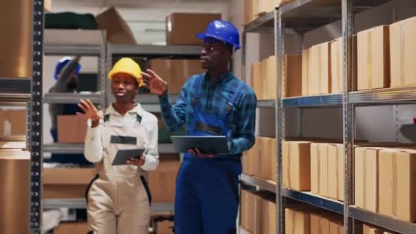 Afrikanske Amerikanske Team Tælle Lagervarer Stativer Planlægning Orden Forsendelse Mand – Stock-video