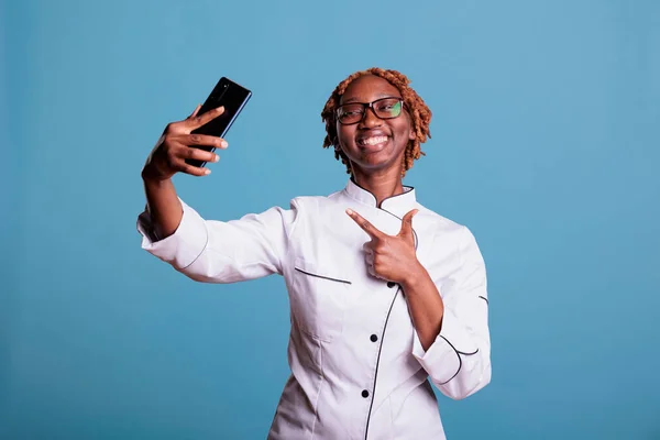 Joyful African American Female Chef Taking Selfie Mobile Phone Blue — Stock Photo, Image