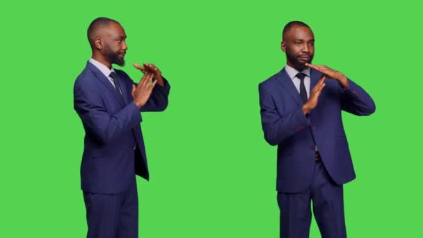 Displeased Employee Doing Timeout Pause Symbol Green Screen Backdrop Expressing — Stock Video