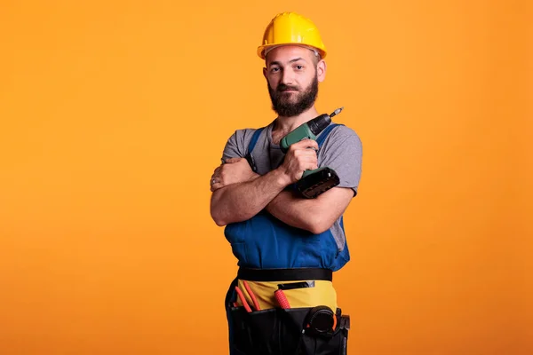 Professional Builder Holding Cordless Electric Drill Posing Studio Male Construction — Stock Photo, Image