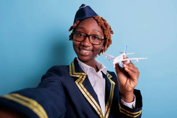 Smiling Female Flight Attendant Uniform Holding Playing Model Airplane Aircraft — Stock Photo, Image