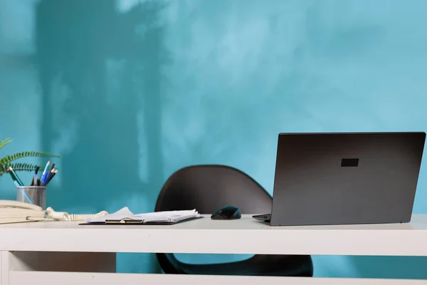 Stylish Space Corporate Workspace One Company Professional Design Desk Laptop — Stock Photo, Image