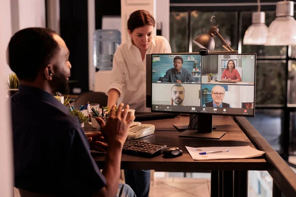 African American Man Attending Online Meeting Remote Team Webcam Briefing — Photo
