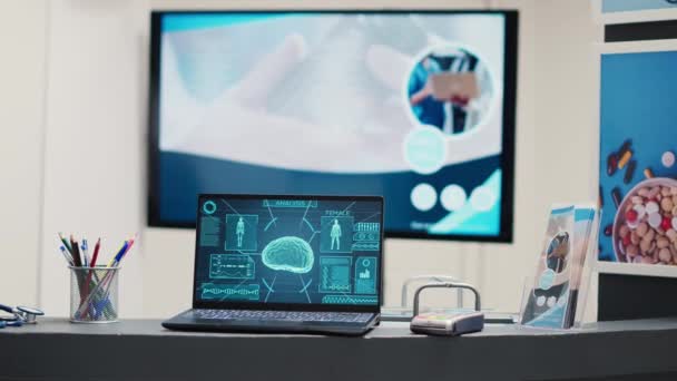 Regisztrációs Pult Agyvelő Laptopon Neurológiai Röntgen Vizsgálat Agyröntgen Idegtudományhoz Üres — Stock videók