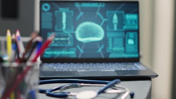 Üres Recepciós Agyanalízissel Orvosi Központban Laptop Recepción Tomográfia Szűrést Mutat — Stock videók