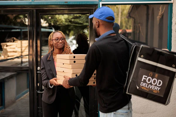 Food Delivery Office Cheerful Client Holding Pizza Boxes Pile Woman — Stock Photo, Image