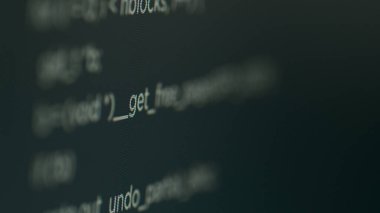 Software development with database information and security server on terminal window, program interface. Coding language on computer with cloud computing, programming hmtl script. Close up.