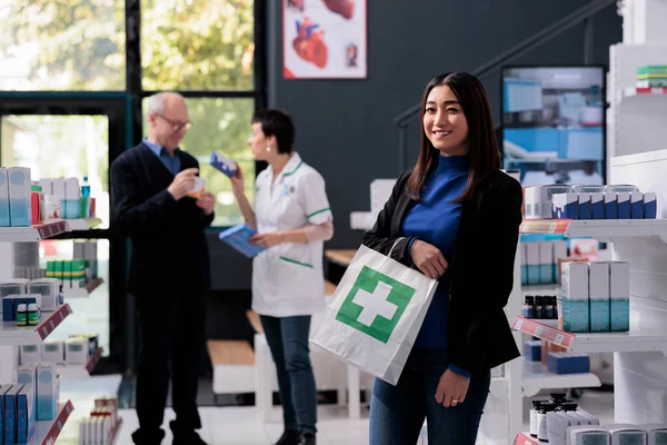 Satisfied Pharmacy Store Client Holding Prescription Medicine Purchase Bag Looking — Stock Photo, Image