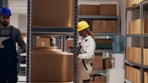 Depo Çalışanı Karton Kutulara Tarayıcı Doğrultuyor Stok Envanteri Lojistik Planları — Stok video