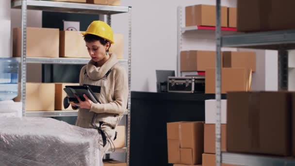 Man Woman Scanning Goods Warehouse Depot Using Digital Tablet Scanner — Stock Video
