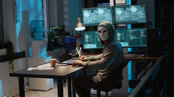Male Criminal Wearing Mask Hood Hack Computer System Breaking Company — Stock Photo, Image