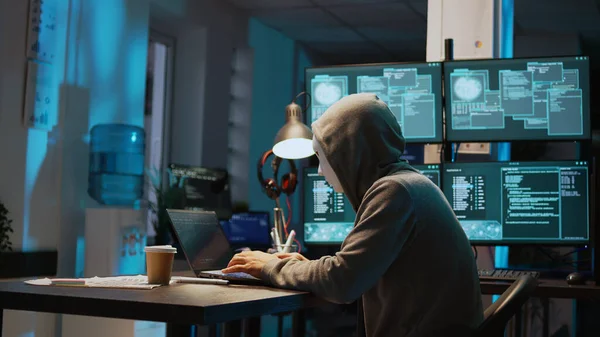 Masked Data Thief Hacking Computer Network Night Working Laptop Multiple — Stock Photo, Image