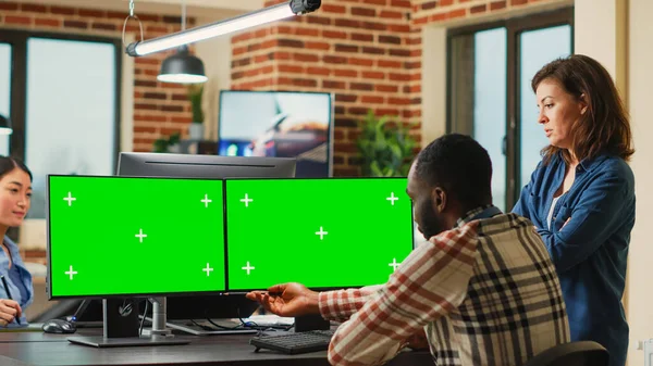 Diverse Colleagues Looking Blank Greenscreen Template Computers Working Isolated Chroma — Stockfoto