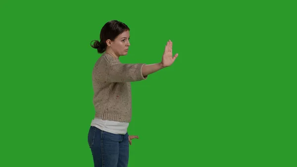 Side View Young Woman Raising Palm Rejection Gesture Expressing Disapproval — Foto de Stock