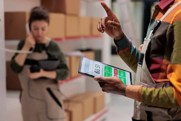 Employees Working Digital Tablet Warehouse Looking Cardboard Boxes Preparing Customers — Stock Photo, Image