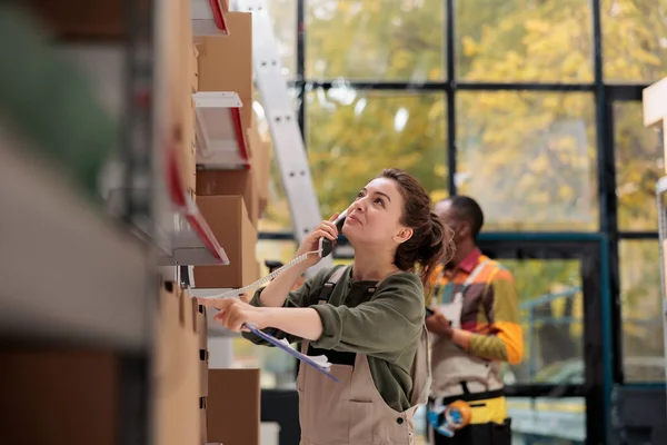 Storage Room Worker Talking Landline Phone Remote Supervisor Working Packing — Stock Photo, Image