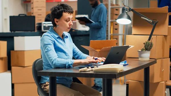 Female Owner Doing Quality Control Shipping Goods Cardboard Boxes Taking — Foto Stock