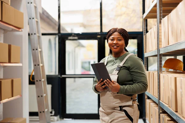 Warehouse Supervisor Smiling Camera While Working Merchandise Delivery Checking Customers — Stock Photo, Image