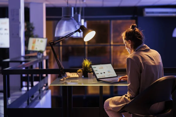 ビジネスオフィスのデスクテーブルに座っているビジネスマンの女性は 利益を増加させるために会社戦略計画投資計画を分析します 深夜営業の起業家グラフレポート — ストック写真