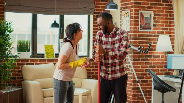 Life Partners Doing Cleaning Chores Together Apartment Mopping Floors Sweeping — Stock Photo, Image