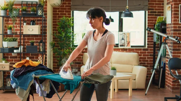 Frustrated Woman Ironing Clothes Being Angry Husband Wife Needing Help — Stok fotoğraf
