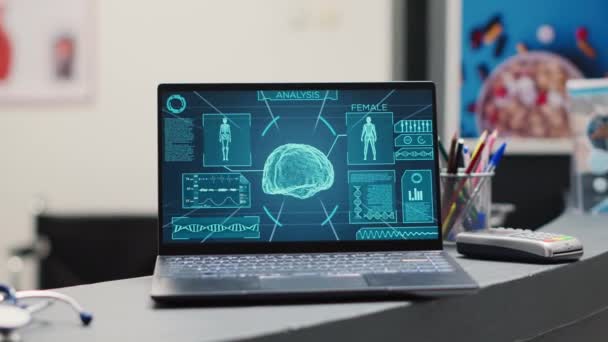 Üres Recepciós Pult Laptoppal Idegrendszeri Tomográfiával Emberi Agy Röntgenfelvételével Orvosi — Stock videók