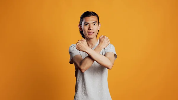 Asian Person Showing Shape Gesture Hands Expressing Refusal Disagreement Young — Stok fotoğraf